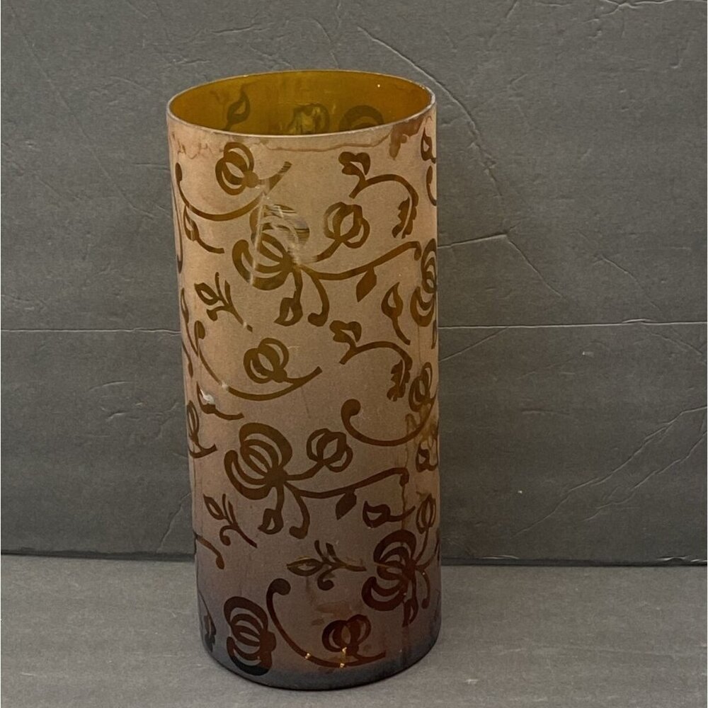 Vintage Elements Art Glass Vase Tall Amber Brown Floral Heavy Cylinder Candle‎
